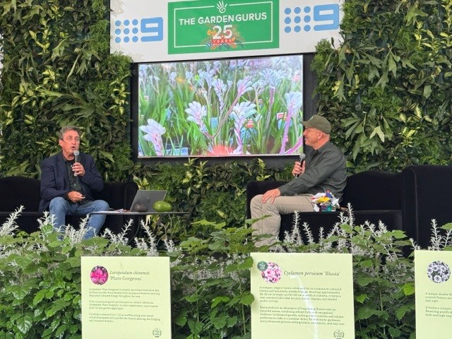 The Garden Gurus presenter Trevor Cochrane with Southern Plants' Mark Jackson at the 2026 Melbourne International Flower and Garden Show.