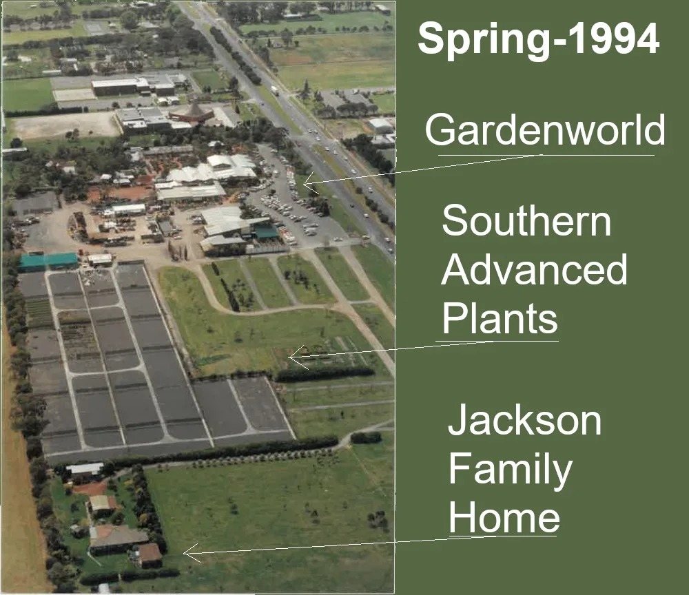 Aerial view of Gardenworld, Southern Advanced Plants and the Jackson family home in Keysborough, spring 1994